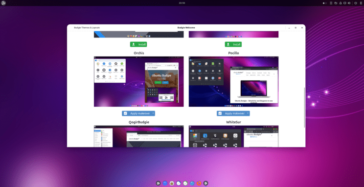 This image shows Ubuntu Budgie's "Themes & Layouts" application