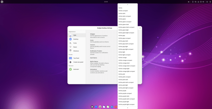 This image shows Budgie Desktop Settings and all available variations to the Orchis theme