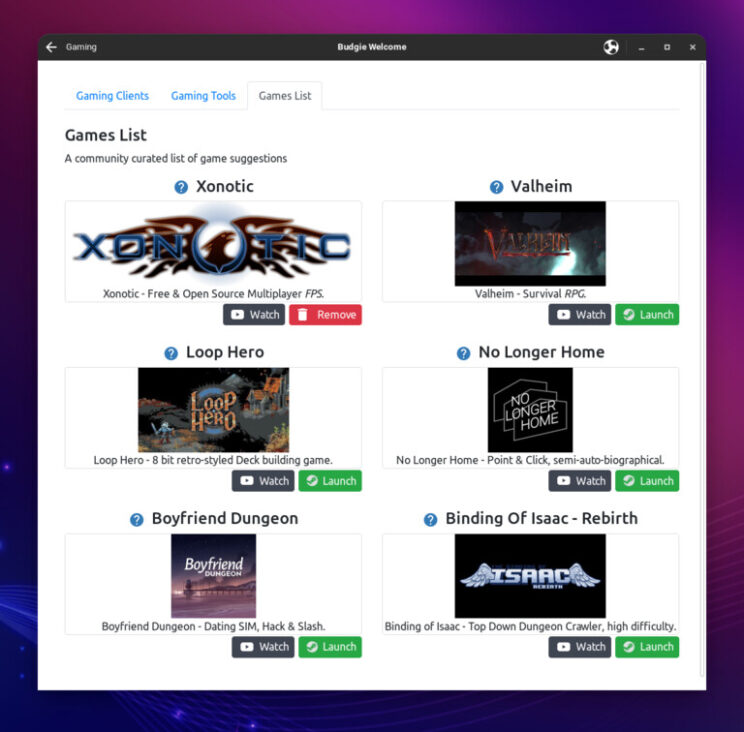 This image shows Budgie Gaming, Games List tab